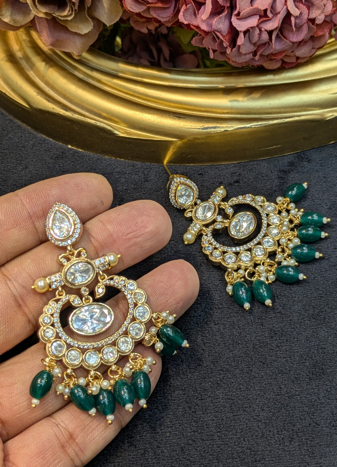 Emerald Aura Chandbali Earrings
